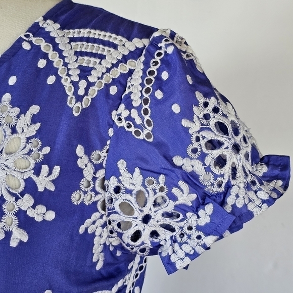 Witchery Silk Puff Sleeve Eyelet Purple Blue Top Size 10 - Picture 6 of 14